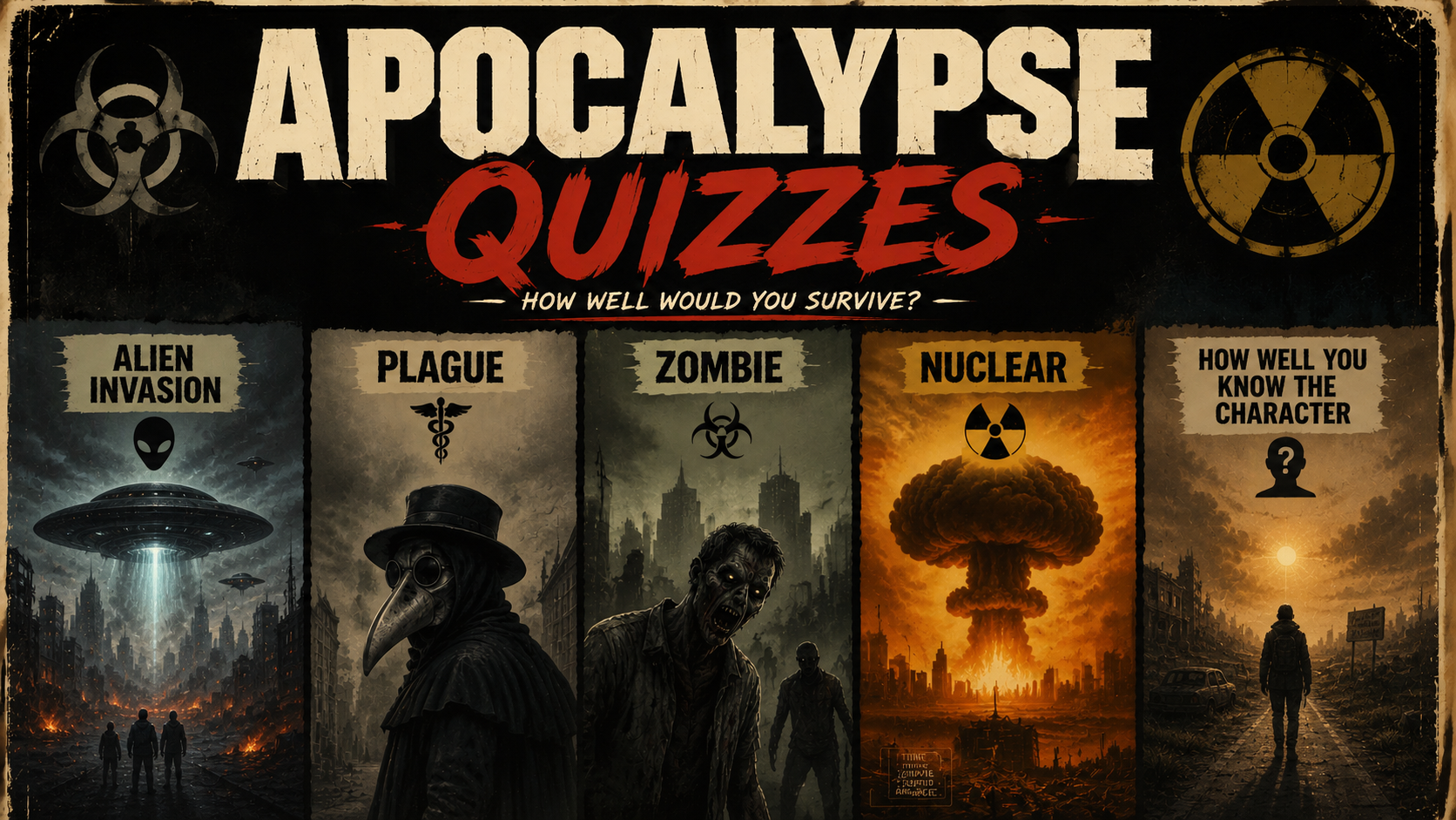 Apocalypse Quizzes featuring survival, apocalypse, preparedness, movies, TV shows, trivia and character quizzes